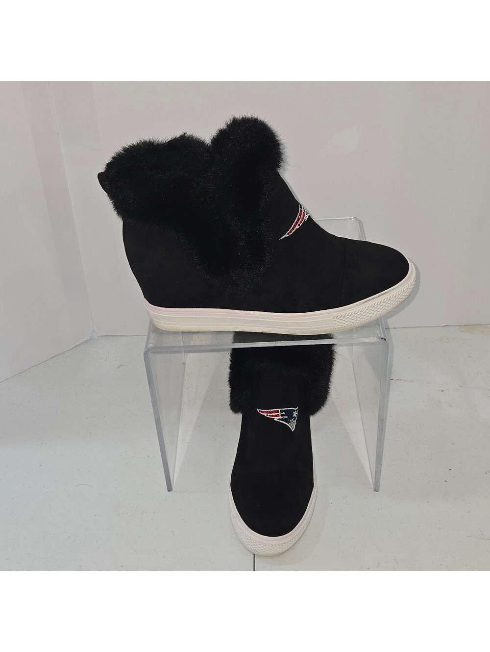 New England Patriots logo 8 Black Suede Faux Fur Boots Rhinestone Wedge Sneakers